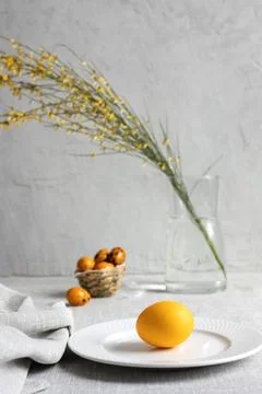 Easter quail eggs on a gray background Stock Photos