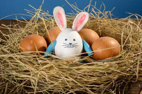 Easter rabbit among eggs in a nest of dry grass Stock Photos
