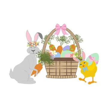 Easter rabbit and chick cute animal vector illustration Illustrazione stock
