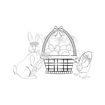 Easter rabbit and chick vector illustration outline Stock Illustration