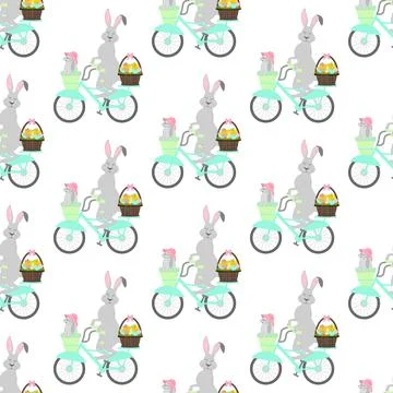 Easter rabbit and chicks on bicycle seamless pattern Stock Illustration