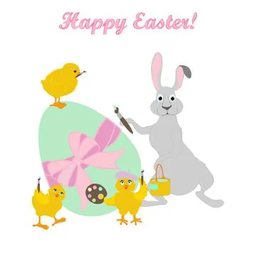 Easter rabbit and chicks cute animal vector illustration Stock Illustration