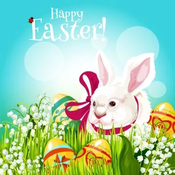 Easter rabbit and egg in green grass greeting card Illustrazione stock