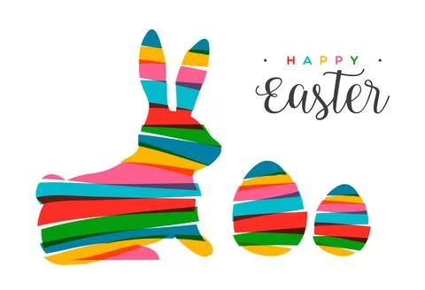 Easter rabbit and egg in transparent bright colors in cut out style card Stock-Illustration