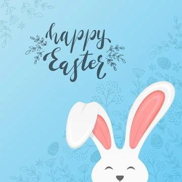 Easter Rabbit and Floral Elements on Blue Background Stockillustratie