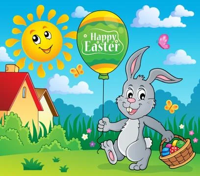Easter rabbit with balloon image Illustrazione stock