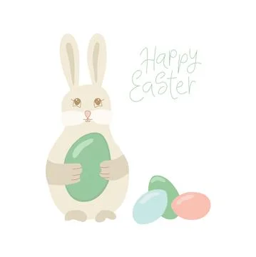 Easter rabbit, bunny, eggs minimalistic style with lettering sign Happy Easter Stock Illustration