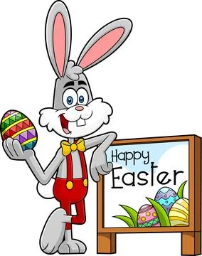 Easter Rabbit Cartoon Character With Colored Egg In Front Of A Wooden Text Sign Stock Illustration
