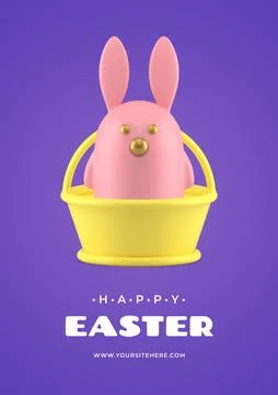 Easter rabbit character bauble in basket 3d greeting card design template rea Stock Illustration