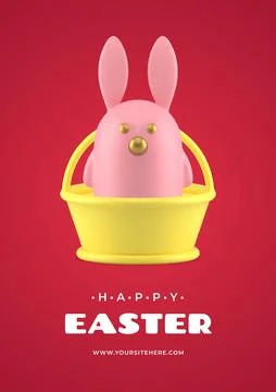Easter rabbit character bauble in basket 3d greeting card design template r.. Stock Illustration