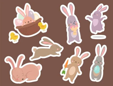 Easter rabbit character bunny different pose vector cute happy animal set Stock Illustration