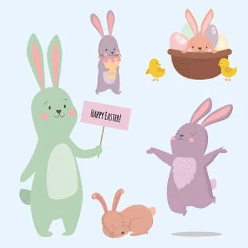 Easter rabbit character bunny different pose vector cute happy animal set 스톡 일러스트