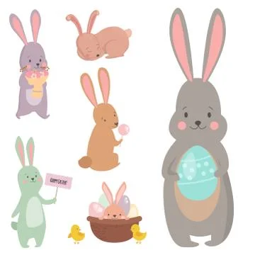 Easter rabbit character bunny different pose vector cute happy animal set Illustrazione stock