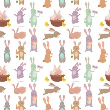 Easter rabbit character bunny seamless pattern background vector cute happy Stock Illustration