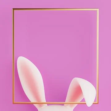 Easter Rabbit Ears in Golden Frame with Free Space for Your Design. 3d Rend.. 库存插图
