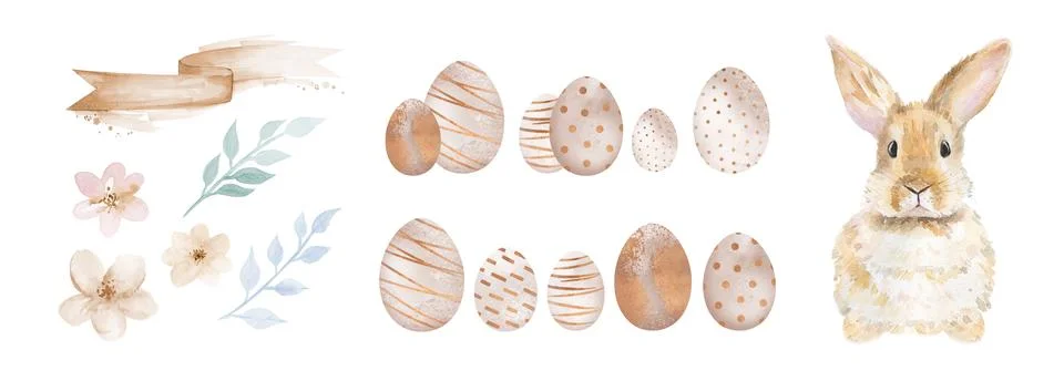 Easter Rabbit Egg Flower Set. Watercolor illustration isolated on white Illustrazione stock