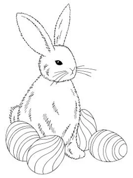 Easter rabbit with eggs graphic black white isolated sketch illustration vector Stock Illustration