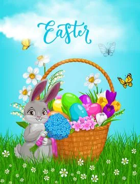 Easter rabbit with flowers bouquet vector poster Stock Illustration