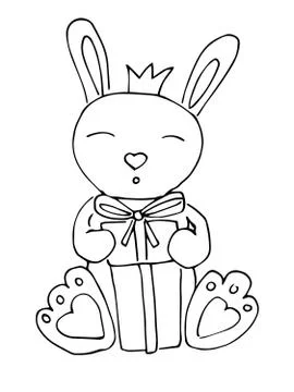 Easter rabbit with gift box. Vector line art. 스톡 일러스트