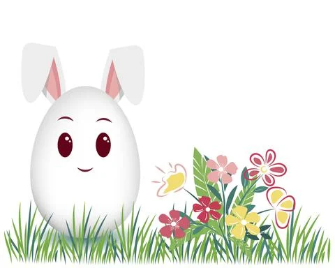 Easter rabbit on green grass and flowers Stock Illustration