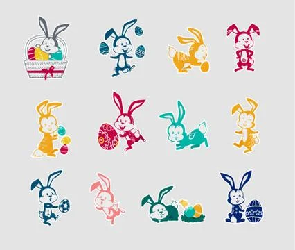 Easter Rabbit Icon Set Design Flat Stock Illustration