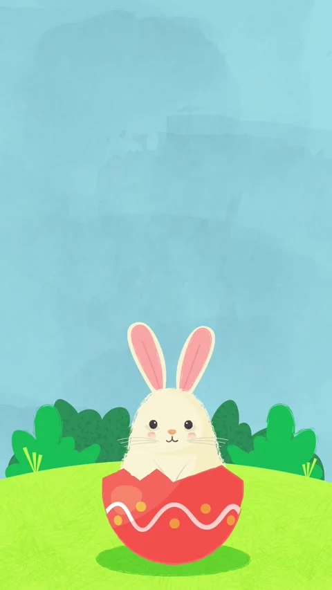 Easter rabbit jumps out from decorated egg on spring sunny background. Vertical Stock Footage 267694869