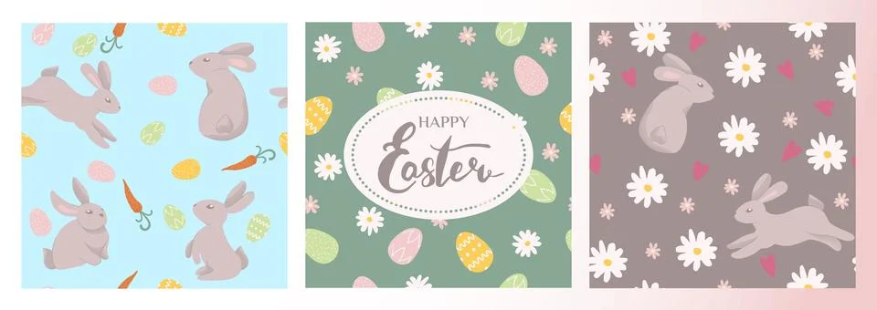 Easter rabbit pattern set. Seamless pattern with rabbit, carrots and daisy .. Stock Illustration