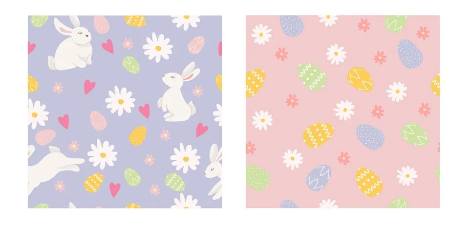 Easter rabbit pattern set. Seamless pattern with rabbit, eggs and daisy flo.. 스톡 일러스트