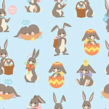 Easter rabbit seamless pattern background with cute bunnies, baby rabbit cartoon Stock Illustration