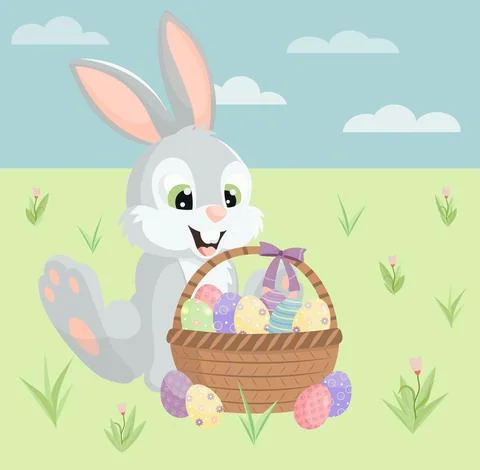 Easter rabbit sitting on the grass and a basket with eggs Stock Illustration