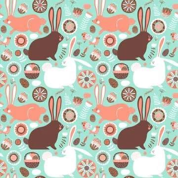 Easter rabbit spring doodle seamless pattern イラスト素材