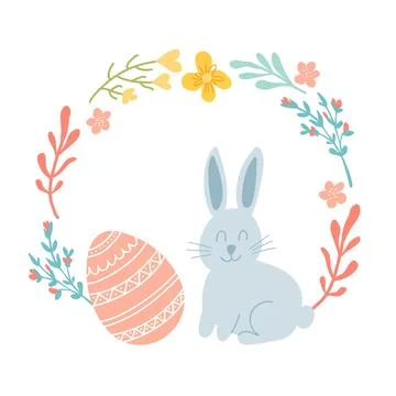 Easter rabbit with spring flowers, egg and flowers wreath. Cute bunny isolate Stock Illustration