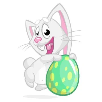Easter rabbit. Vector bunny holding olorful egg. Isolated on white Stock Illustration