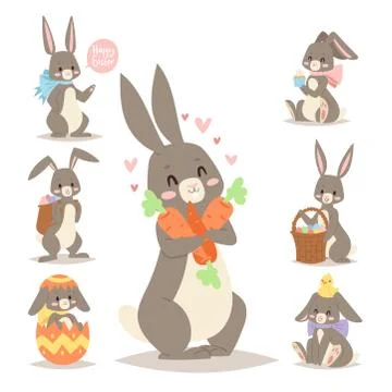 Easter rabbit vector holiday bunny rabbit and Easter eggs pose cute happy spring Stock Illustration