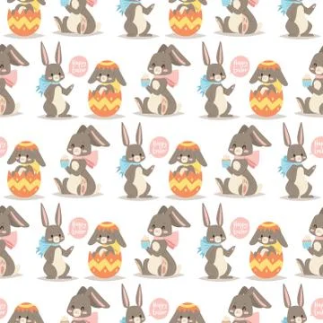 Easter rabbit vector holiday bunny rabbit and Easter eggs pose cute happy spring Stockillustratie