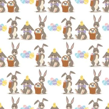 Easter rabbit vector holiday bunny rabbit and Easter eggs pose cute happy spring Stock Illustration