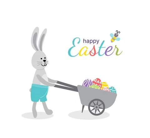 Easter rabbit, wheelbarrow, Easter egg. Bunny, barrow. Happy Easte card. Flat Stock Illustration