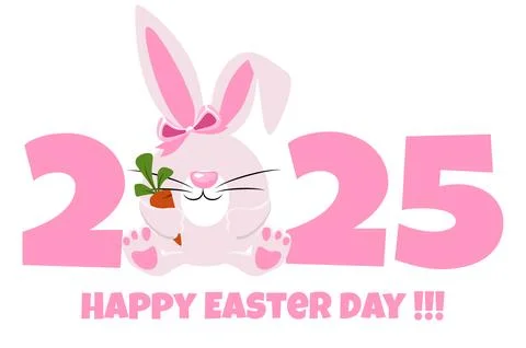 Easter rabbits with carrot and 2025. Easter bunny for your greeting card, sti Stock Illustration
