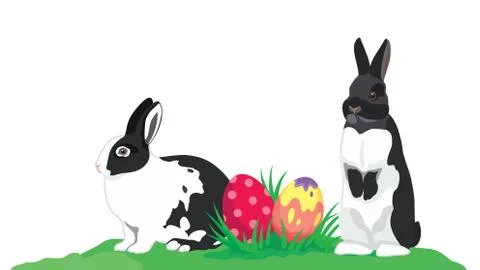 Easter rabbits colorful Easter eggs isolated on white in corner Stock Illustration