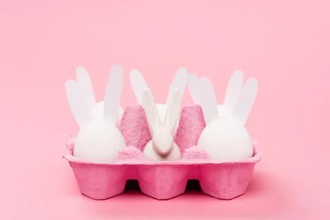 Easter rabbits egg tray pink Stock Photos