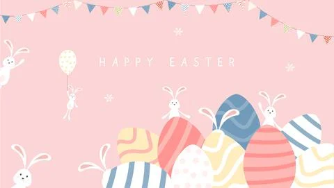 Easter Rabbits with Eggs on Pink Sky Stock Illustration