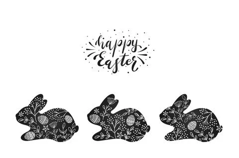 Easter Rabbits with Floral Elements on Black Background Illustrazione stock