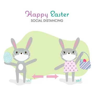 Easter rabbits in protective face mask. Easter celebration during the Illustrazione stock