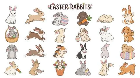 Easter rabbits vector collection featuring cute bunnies playing with colorf.. Stock Photos