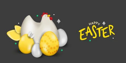 Easter realistic illustration with eggs and chicken. A festive stylish poster Stock Illustration