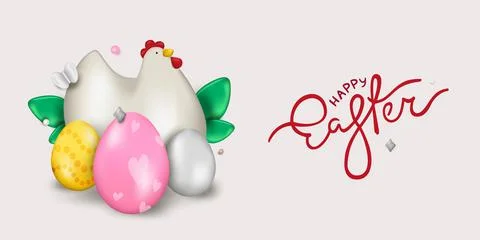 Easter realistic illustration with eggs and chicken. A festive stylish poster Stock Illustration