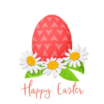 Easter red egg and daisy wreath. Decorated festive egg with simple abstract Stock Illustration