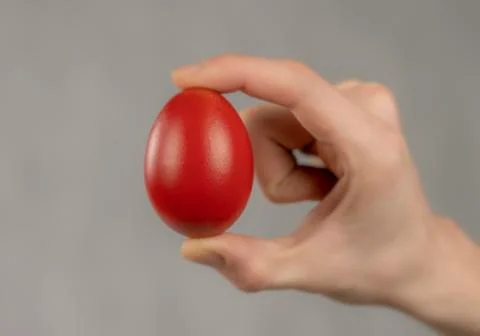 Easter red egg sandwiched between fingers on white abstract background. Stock Photos