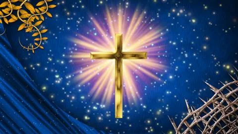 Easter religious backdrop with blue sky and golden holy cross Stock Illustration