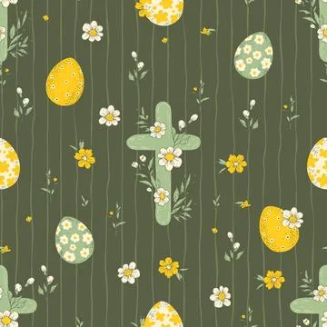 Easter Religious Cross Seamless Pattern Christian Cross Eggs Flowers Handdr.. 스톡 일러스트